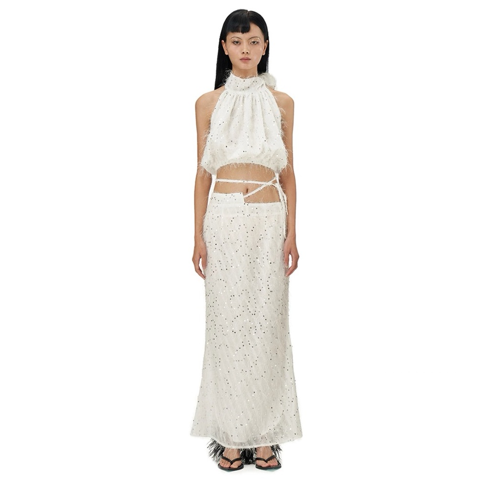 PANN Halter Glitter Top & Maxi Skirt Set, Ivory